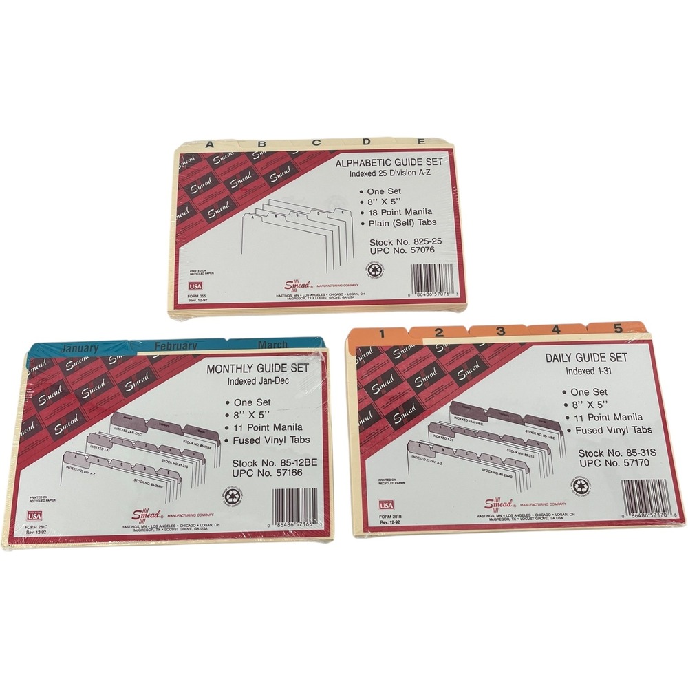 Smead 3 Pack - 8x5 Index Guide Set Alphabetic, Daily, Monthly NOS Manila